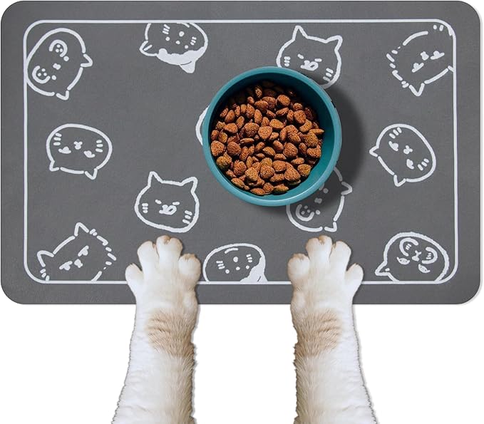 YCT Cat Food Mat for Pet Dog Food Mat, Cat Mat for Food and Water, Cat Feeding Mat Pet Dog Cat Bowl Mat, Non-Slip Super Absorbent, with Multiple cat Heads Logo，18.1 x 11.8 inches, Dark Grey