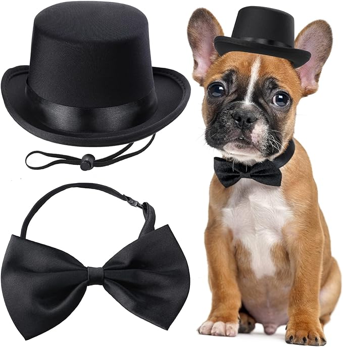 Yewong 2 Pieces Pet Formal Accessories Set - Pet Top Hat with Pet Formal Necktie/Bowtie Birthday Party Gradation Halloween Costumes Accessories for Dog Cat (Black-A) One Size