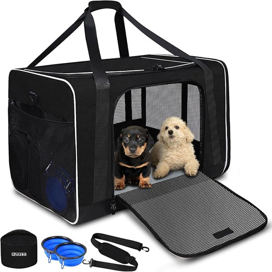 Petskd Pet Carrier 24"x17"x17" for Large Cats Dogs, Pet Carrier for 2 Cats or Medium Dog, Cat Soft Carrier for Car Travel and Hospital with 1 Box, 2 Bowls and Locking Safety Zipper(Black)