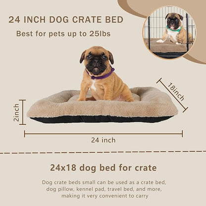 24 Inch Dog Crate Bed Fluffy Faux Fur Soft Comfy,Crate Beds for Small Dogs Non-Slip Bottom,Dog Kennel Beds for Crates Perfect for Small Dogs up to 25 lbs,Washable Dog Bed for Crate Khaki Easy to Clean