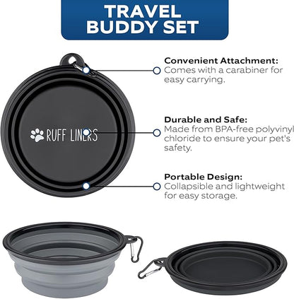 Set of 2 Collapsible Dog Bowls for Travel, 1500ml Portable Dog Bowl for Food and Water - Gray and Black, Easy to Clean, BPA-Free, with Carabiner - Ideal for All Breeds and Sizes