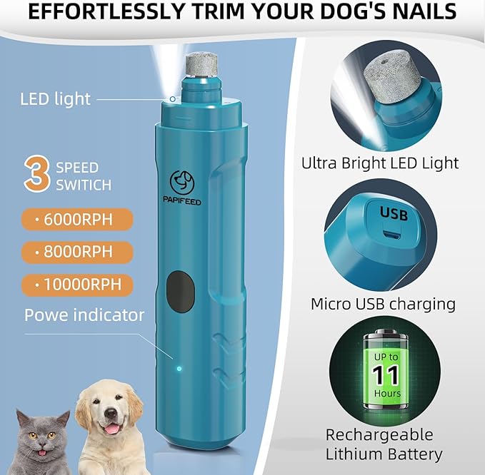 Dog Nail Grinder with 2 LED Light,3-Speed Rechargeable Dog Nail Trimmers, Upgraded Powerful Electric Dog Toe Nail File Quiet Painless, Paws Grooming for Small Medium Large Dogs Cats-Blue