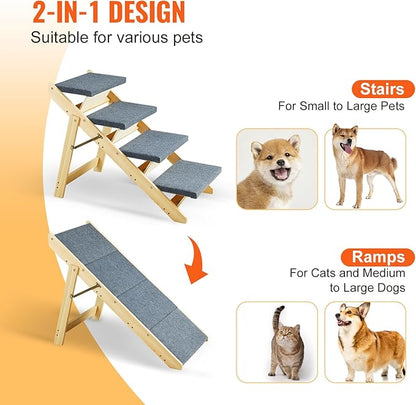VEVOR Wood Pet Stairs/Pet Steps 2-in-1 Foldable 4 Steps 150 lbs