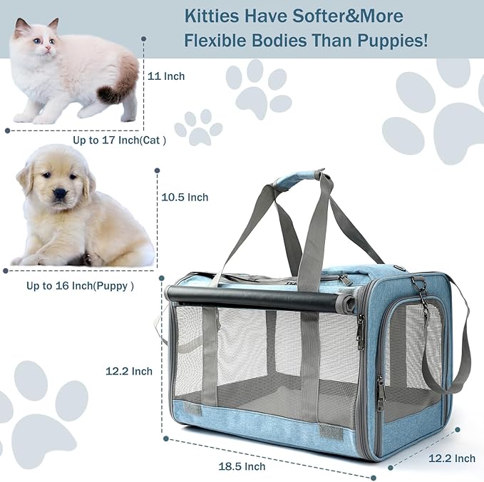 HSC PET Cat Carrier Blue Small Dog Bag,Soft-Sided Temporary Kennel for Puppy Traveling,5 Ventilated Mesh Windows with Curtains,18lb Puppy or 20lb Cat/Kittens