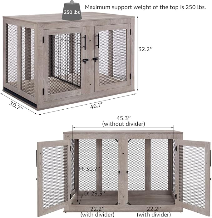 unipaws 46.7" Extra Large Dog Crate Furniture with Divider for 2 Dogs 90 lbs