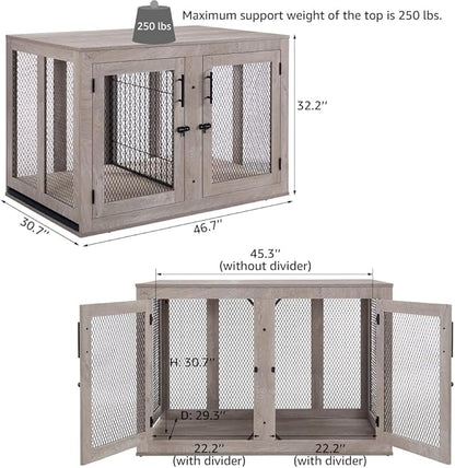 unipaws 46.7" Extra Large Dog Crate Furniture with Divider for 2 Dogs 90 lbs