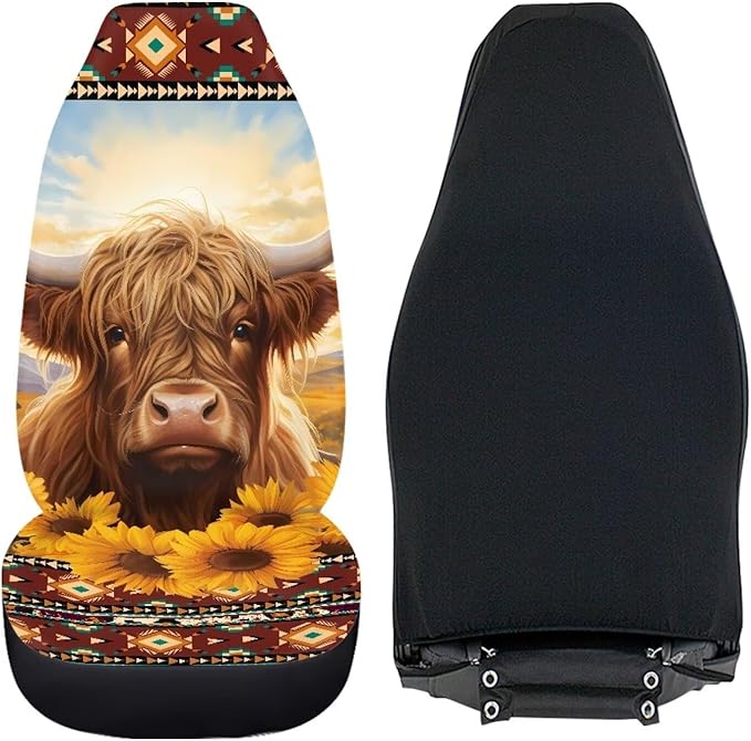 Highland Cow Sunflower Car Seat Covers for Front Seats SUV Truck Van Sedans Aztec Bucket Seat Covers for Women Men