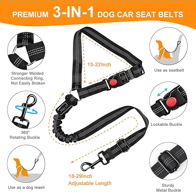 2 Packs Dog Seat Belt for Car, Upgrade 3-in-1 Dog Seatbelt with Adjustable Metal Buckle, Safety Headrest Restraint Dog Car Harness with Elastic Bungee for Small Medium Large Dogs Pet