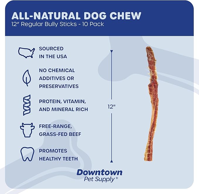 Downtown Pet Supply Bully Sticks for Dogs (12", 10-pack Regular) Rawhide Free Dog Chews Long Lasting Non-Splintering Pizzle Sticks - USA Sourced Low Odor Bully Sticks for Large Dogs