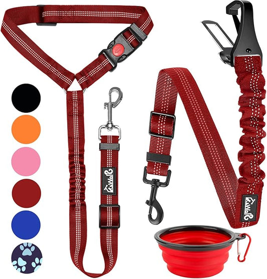 Lukovee Dog Seatbelt Leash for Cars, 2 Pack Pet Safety Car Seat Belt with Adjustable Buckle & Reflective Bungee, Connect Dog Harness in Vehicle Car Dogs Restraint Travel Daily Use (Red)