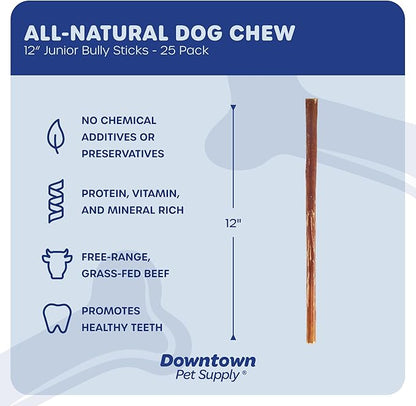 Downtown Pet Supply Bully Sticks for Dogs, Junior Size (12", 25-pack) Rawhide Free Dog Chews Long Lasting Non-Splintering Pizzle Sticks - Low Odor Bully Sticks for Small Dogs