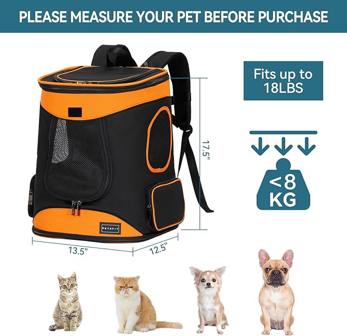 Petsfit Cat Backpack Carrier Easy-Fit Dog Travel Backpack Carrier for Hiking Walking Cycling Suitable for Small Medium Dogs Cats and Rabbits up to 22 Pounds, Orange