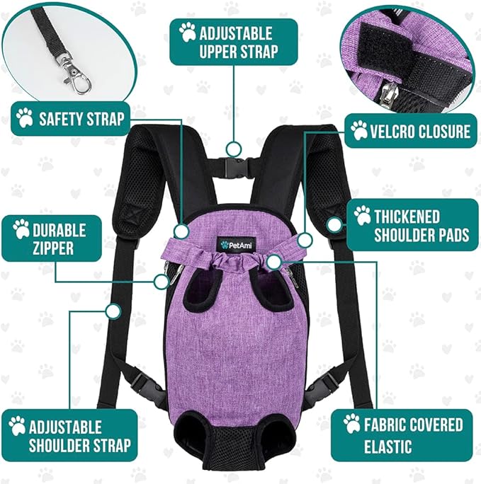 PetAmi Dog Carrier Backpack, Adjustable Dog Pet Cat Front Carrier Backpack | Ventilated Dog Chest Carrier for Hiking Camping Travel, Sling Bag for Small Medium Dog Cat Puppies, Small, 5-9 lbs, Purple