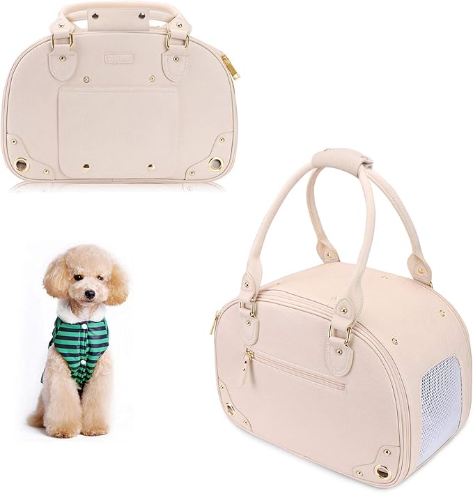 PetsHome Dog Carrier Purse, Pet Carrier, Cat Carrier, Waterproof Premium Leather Pet Travel Portable Bag Carrier for Cat and Small Dog Home & Outdoor Medium Beige