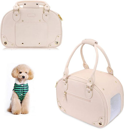 PetsHome Dog Carrier Purse, Pet Carrier, Cat Carrier, Waterproof Premium Leather Pet Travel Portable Bag Carrier for Cat and Small Dog Home & Outdoor Medium Beige