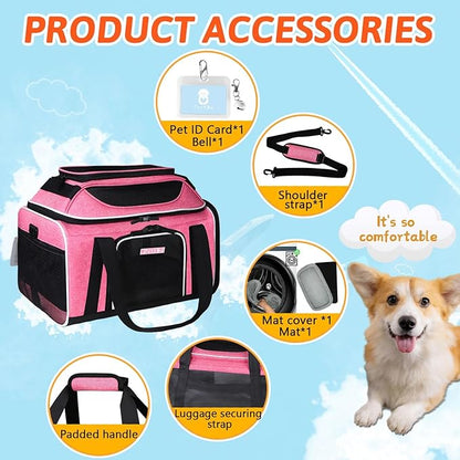 Petskd Top-Expandable Pet Carrier 17x13x9.5 Inches Southwest Allegiant Airline Approved, Soft-Sided Carrier for Small Cats and Dogs with Locking Safety Zippers and Anti-Scratch Mesh(Pink)