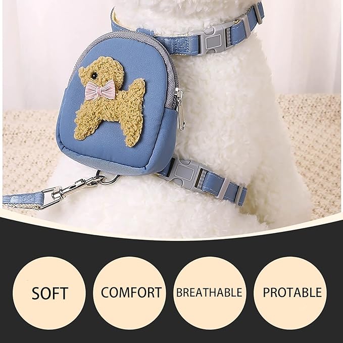 Dog Backpack Harness with Leash Pet Self Carrier Adjustable Travel Hiking Walking Harness Backpack for Small Dogs & Cats (Blue, M)