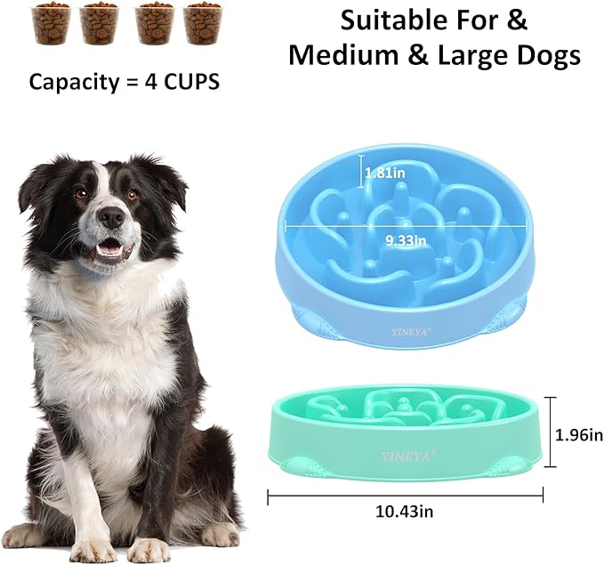 4 Cups Pet Food Bowls for Large Dogs, Slow Feeder Pet Bowls for Dogs, Anti-Slip Large Dog Bowl Slow Feeder, Large Dog Feeder to Slow Down Eating 2Pcs Light Blue&Green