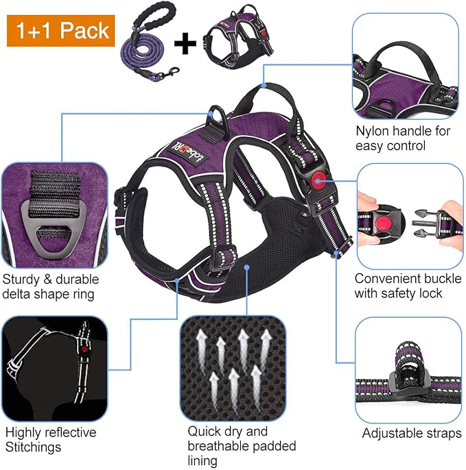 tobeDRI No Pull Dog Harness Adjustable Reflective Oxford Easy Control Medium Large Dog Harness with A Free Heavy Duty 5ft Dog Leash (L (Neck: 18"-25.5" 24.5"-33"), Purple