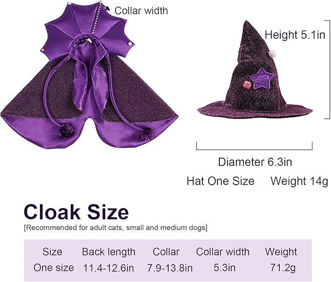 ABLAZEZAI Pet Halloween Costumes, Cat Vampire Cloak with Hat, Dog Cosplay Wizard Hat Cape Suit, Halloween Party Clothes Outfit for Small Medium Large Cats Dogs