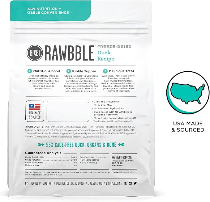 BIXBI Rawbble Freeze Dried Dog Food, Duck Recipe, 4.5 oz - 95% Meat and Organs, No Fillers - Pantry-Friendly Raw Dog Food for Meal, Treat or Food Topper - USA Made in Small Batches