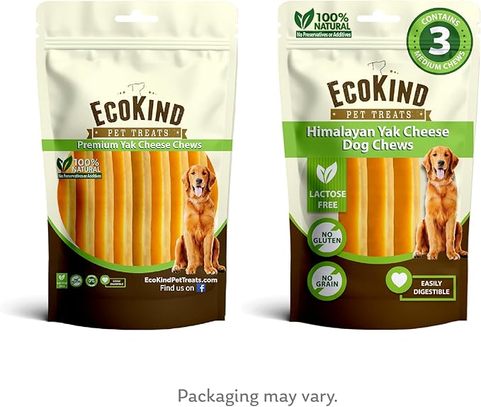 EcoKind Premium Gold Yak Cheese Himalayan Dog Chews, Dog Treats for Medium Dogs, All Natural, High Protein, for Aggressive Chewers, Medium - 3 Chews