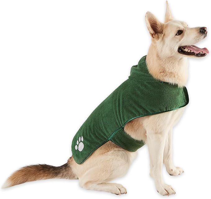 Bone Dry Pet Robe Collection Embroidered Absorbent Microfiber Bath Robe with Adjustable Closure, for Dogs & Cats, Large, Hunter Green