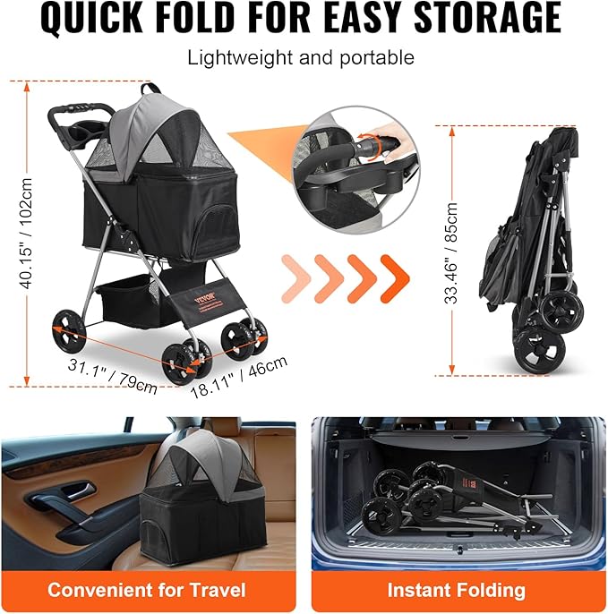 VEVOR 3 in 1 Dog Stroller For Medium Small Dogs Up to 35lbs 4 Wheels