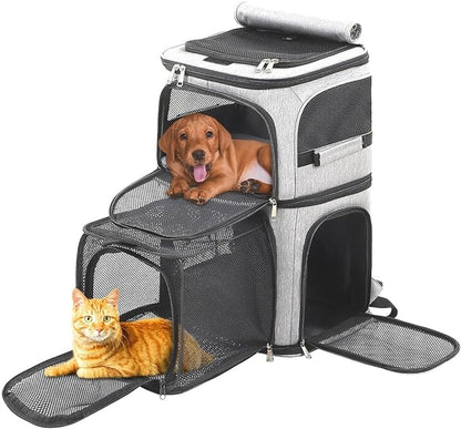 Expandable Cat Backpack Carrier for 2 Cats, Dog Backpack for 2 Small Pets Dogs, Cat Carrier for Large Cats Multiple Pets, Ventilation, Built-in Frame Support Plate and Safety Straps, Foldable, Grey