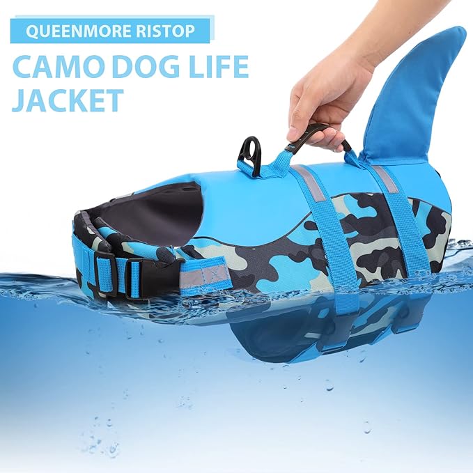 Queenmore Dog Life Jacket Ripstop Dog Shark Safety Vest Adjustable Preserver with High Buoyancy and Durable Rescue Handle for Small