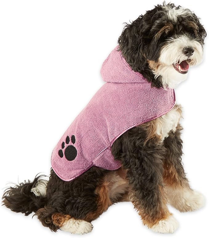 Bone Dry Pet Robe Collection, Embroidered Absorbent Microfiber Bath Robe with Adjustable Closure, for Dogs & Cats, Small, Rose