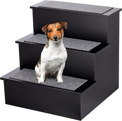 AdirPets Deluxe 3-Step Pet Stairs - Dog Steps for High Bed and Couch - Portable Ramp Stair for Small Dogs and Cats - Non-Slip Surface and Carpeted Treads - Supports Up to 175 lbs Weight (Black)