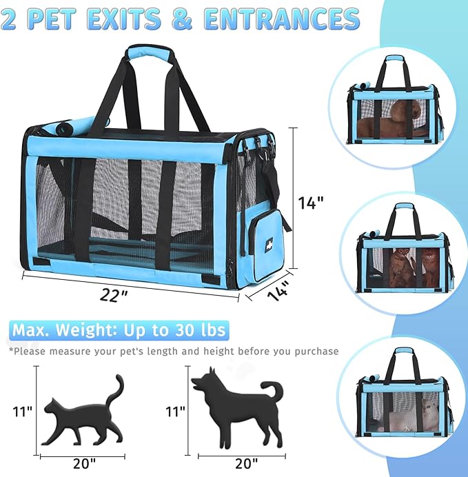 Pet Carrier, Collapsible Large Cat Carrier for 2 Cats, Soft Top Load Cat Carrier Bag for Small Medium Large Cat & Dog Under 30 lbs, Cat Travel Carrier Bag with Safety Lock Zipper, Blue