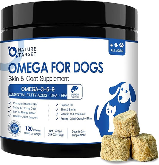 Omega 3 Fish Oil for Dogs - Salmon Oil for Dogs Skin and Coat Supplement with EPA & DHA Fatty Acids - Dog Itch & Allergy Relief, Anti Shedding, Hot Spots Treatment - Hip & Joint Support - 120 Counts