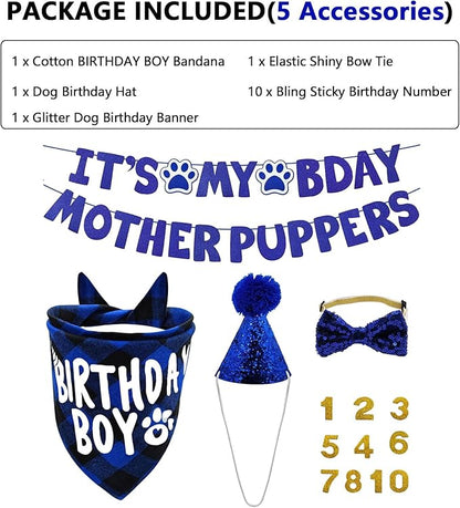Dog Birthday Party Supplies, LMSHOWOWO Multi Sizes Dog Birthday Bandana Boy Dog Birthday Hat Bow Tie Numbers It’s My Bday Mother Puppers Banner for Large Extra Large Dogs Pets (X-Large)