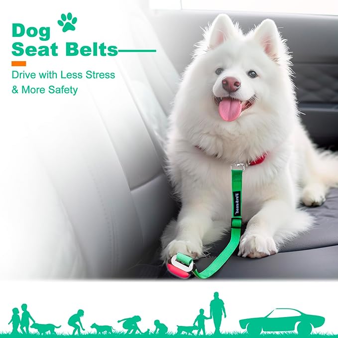 2 PCS Dog Seat Belt for Car Frskcssd Adjustable Dog Car Harness Heavy Duty Nylon Dog Safety Seat Belt Durable Pet Seat Belts for Small & Large Dogs Supports All Cars Quick & Easy Installation (Green)