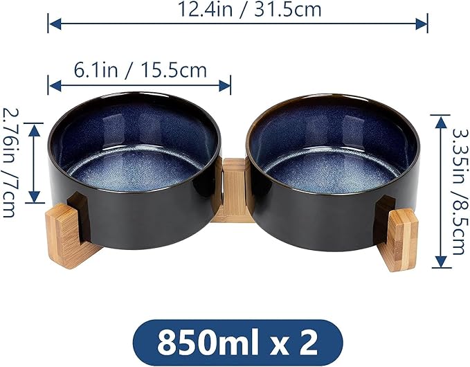 SPUNKYJUNKY Ceramic Dog and Cat Bowl Set with Wooden Stand, Modern Cute Weighted Food Water Set for Small Size Dogs (13.5OZ) & Medium Sized Dogs (28.7OZ) & Cats (3.6 Cups, 2 × Starry Blue)