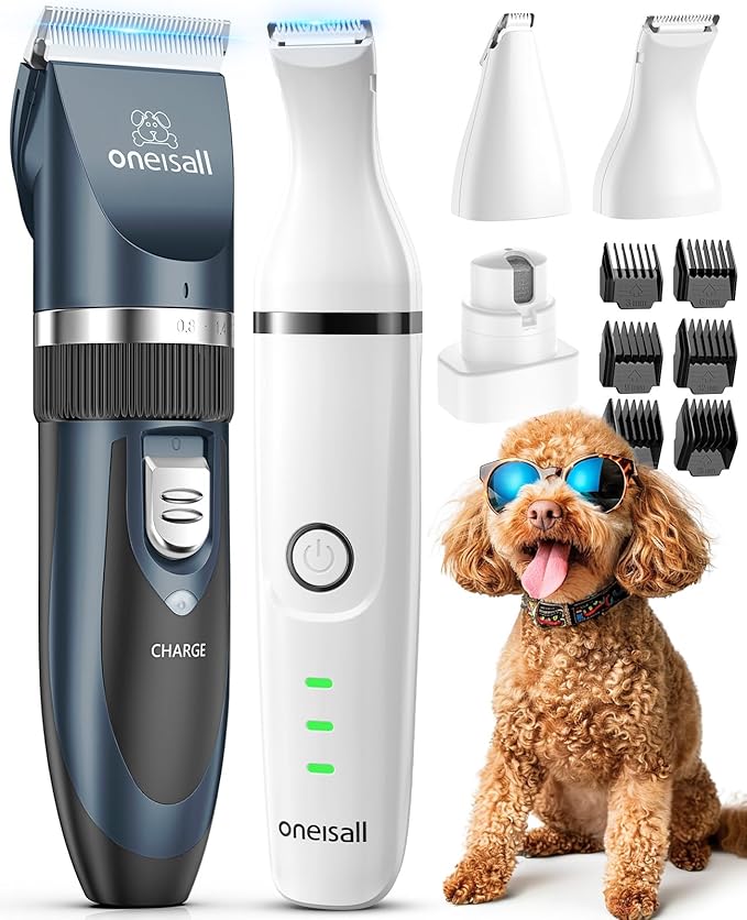 oneisall Dog Clippers and Dog Paw Trimmer Kit 2 in 1 Low Noise Cordless Dog Clippers for Grooming Pet Hair Trimmers for Small and Large Dogs Cats Animals