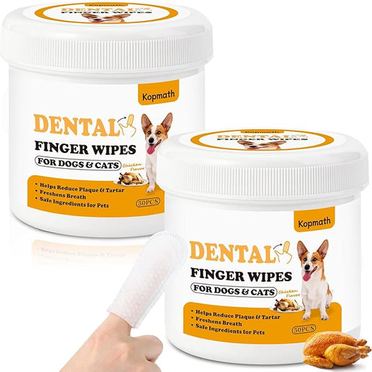 Teeth Cleaning Finger Wipes for Dogs & Cats, Reduces Plaque & Tartar, Freshens Breath, Pre-Soaked Pet Teeth Wipes, Easy to Use Disposable Dental Cleaning Pads, 100 Count, Chicken Flavor