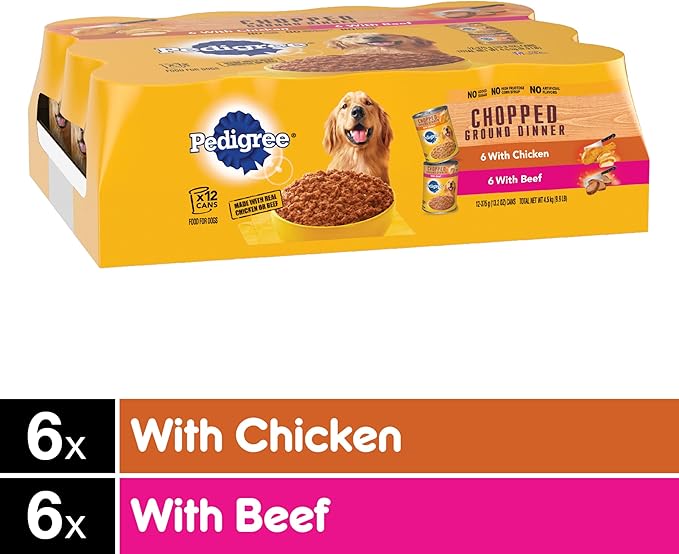 PEDIGREE CHOPPED GROUND DINNER Adult Canned Soft Wet Dog Food Variety Pack, with Chicken and with Beef, 13.2 oz. Cans (Pack of 12)