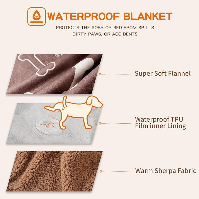 Waterproof Dog Blankets Pet Blanket 50"x60", Soft Fluffy Sofa Car Bed Protector, Reversible Sherpa Fleece Dog Blanket for Large Dogs (Chocolate Brown-Bones)