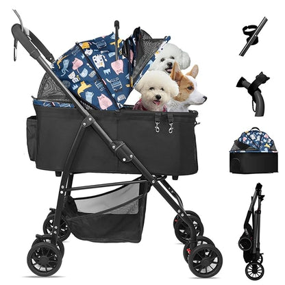 MILA&LOUIS Foldable Dog Stroller 4 Wheels 3 in 1 Folding 30lbs