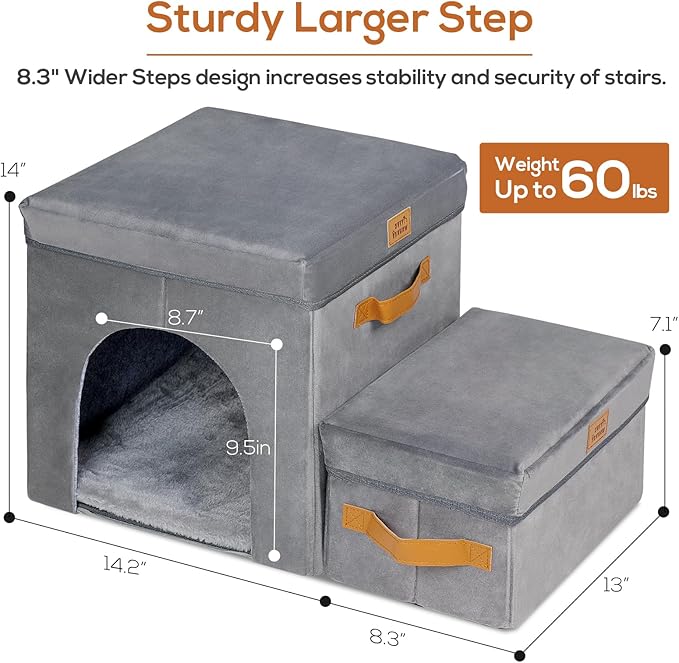 14" H Pet Stairs Steps with Storage & Condo, Foldable Dog Stairs Steps for High Bed & Couch & Window Sill, Non-Slip Pet Ramp Ladder for Cats & Small and Medium Dogs (2-Step, 14" H)