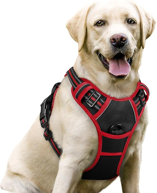 rabbitgoo Dog Harness, No-Pull Pet Harness with 2 Leash Clips, Adjustable Soft Padded Dog Vest, Reflective No-Choke Pet Oxford Vest with Easy Control Handle for Large Dogs, Black & Red, L