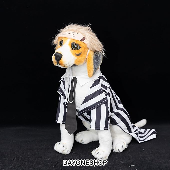 Black Striped Dog Suit wit Blonde Wig Scientist Dog Costume Pet Costume Cosplay Clothes Outfit Accessories Party Favors (Medium, Striped Clothes with Wig)