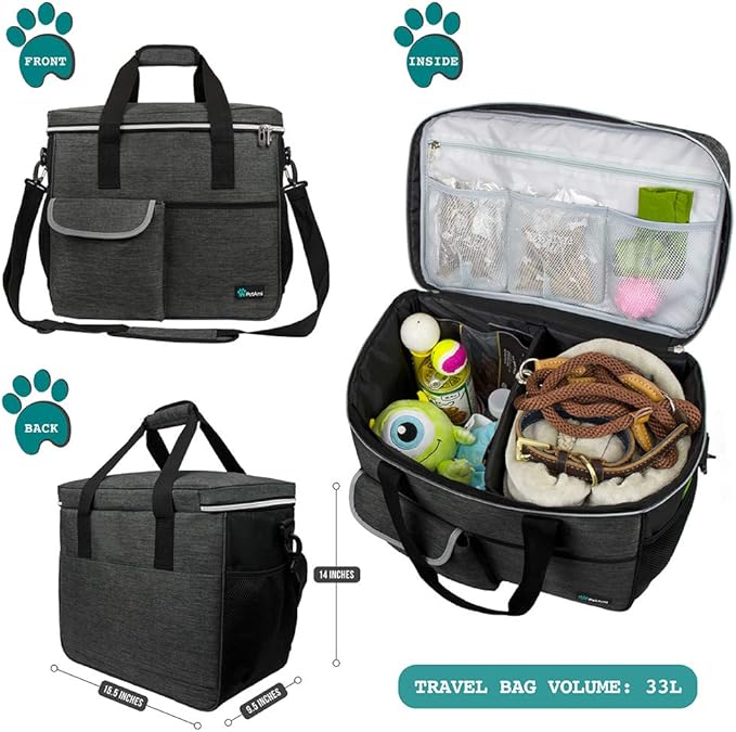 PetAmi Dog Travel Bag, Travel Pet Bag Organizer, Dog Food Travel Bag with Food Container and Bowls, Dog Travel Supplies Gift Accessories for Weekend Camping, Dog Cat Diaper Bag (Charcoal, Large)