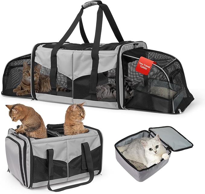 Cat Travel Carrier with Litter Boxes for 2 Cats, Double-Compartment Soft Pet Carrier, Expandable Portable Cat Carrier for Car Travel, up to 35 lb Road Trip, Camping, Hiking, Grey