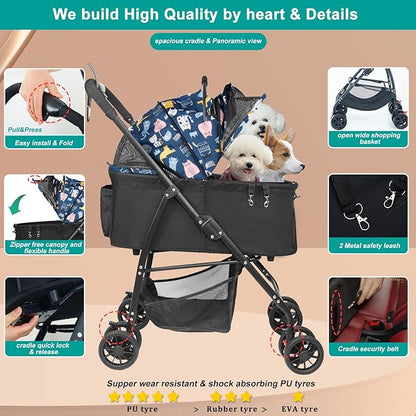 MILA&LOUIS Foldable Dog Stroller 4 Wheels 3 in 1 Folding 30lbs