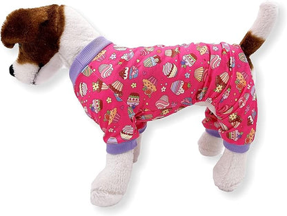 Dog Pajamas Soft COTTON Blend Jumpsuit Cute Pet Clothes for Small Medium Pet (Hot Pink Cupcakes, M: Length 15", Chest 18" - 22")