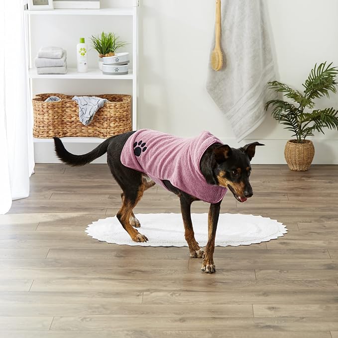 Bone Dry Pet Robe Collection, Embroidered Absorbent Microfiber Bath Robe with Adjustable Closure, for Dogs & Cats, Medium, Rose